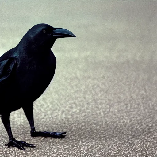 Image similar to close up of a obese crow with a round body short legs and large black beak, high resolution film still, film by Jon Favreau