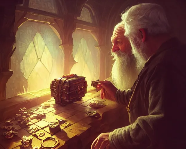 Image similar to photography of an old man picklocking a treasure chest, deep focus, d & d, fantasy, intricate, elegant, highly detailed, digital painting, artstation, concept art, matte, sharp focus, illustration, hearthstone, art by artgerm and greg rutkowski and alphonse mucha