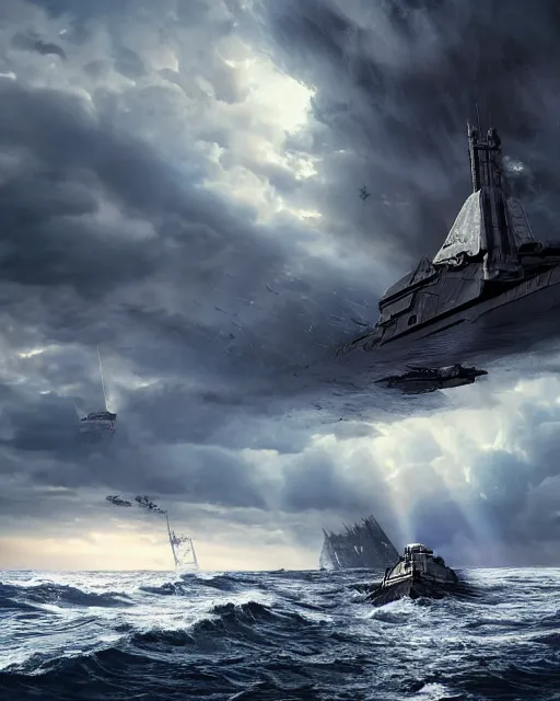 Image similar to scifi action scene of a fishing boat on stormy seas, a gigantic star destroyer spaceship flying overhead, the gigantic star destroyer spaceship is emerging from storm clouds, sunset lighting, stormy weather, dramatic lighting, unreal engine, hyper realism, realistic shading, cinematic composition, realistic render, octane render, detailed textures, photorealistic, ultrawide shot, 1 6 mm lens