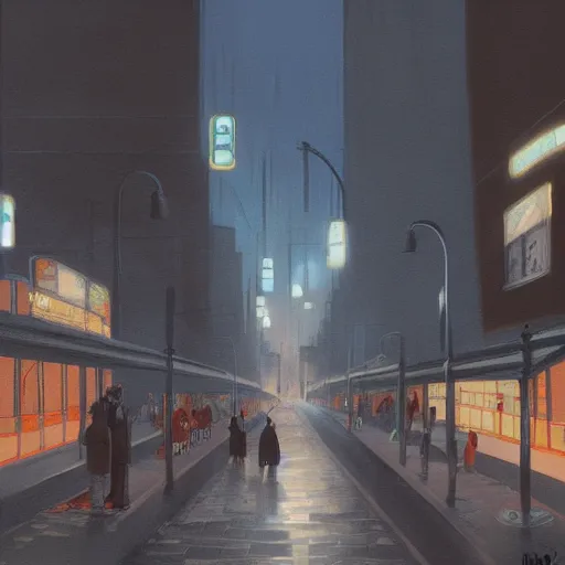 Image similar to dark city bus stop, painting by Hayao Miyazaki,ArtStation