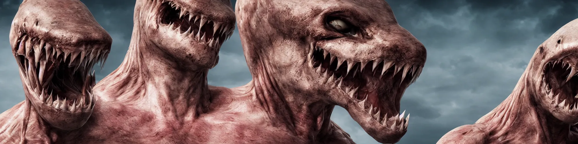 Image similar to A human with shark head made of muscles and flesh, very angry, teeth, ambient light, terror, glows, realistic, photo-realism, hyper realism, picture, detailed, 3D render, scary, distant shot, in the distance,