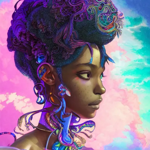 Prompt: the portrait of the absurdly beautiful, graceful, elegant, gorgeous, sensual black young anime goddess made of rainbow crystals, an ultrafine hyperdetailed illustration by kim jung gi, irakli nadar, intricate linework, bright colors, octopath traveler, final fantasy, unreal engine 5 highly rendered, global illumination, radiant light, intricate environment
