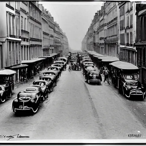 Prompt: une rue de paris vide avec des voitures garees en 1 9 4 0