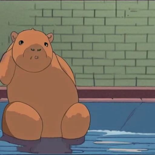 Image similar to capybara in the bathtub from the movie spirited away by hayao miyazaki, studio ghibli, animated movie, anime, beautiful animation, illustration