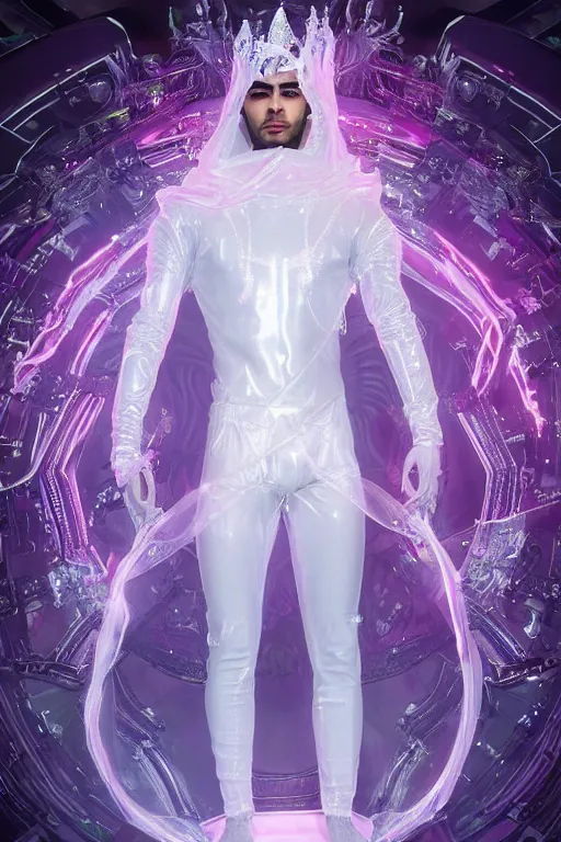 Image similar to full-body rococo and cyberpunk delicate crystalline sculpture of attractive muscular iridescent Zayn Malik as a humanoid deity wearing a thin see-through plastic hooded cloak sim roupa, posing like a superhero, glowing pink face, crown of white lasers, large diamonds, swirling black silk fabric. futuristic elements. oozing glowing liquid, full-length view. space robots. human skulls. throne made of bones, intricate artwork by caravaggio. Trending on artstation, octane render, cinematic lighting from the right, hyper realism, octane render, 8k, depth of field, 3D