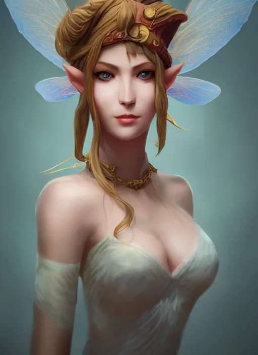 Image similar to 3/4 portrait of the great fairy from legend of zelda, seductive look, rule of thirds, smooth, sharp focus, James Jean pastiche by Artgerm, octane render