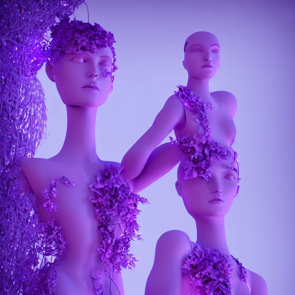 Prompt: beautiful mannequin sculpted out of amethyst by billelis + lit with 3 d geometric neon + facing a doorway opening with neon pink geometric fractal light + flowering hosta plants!!!, moon in background!, rule of thirds, clean linework, dramatic, award winning, 4 k, trending on artstation, photorealistic, volumetric lighting, octane render