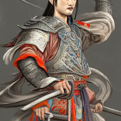 Image similar to dynamic composition, motion, ultra-detailed, incredibly detailed, a lot of details, amazing fine details and brush strokes, colorful and grayish palette, smooth, HD semirealistic anime CG concept art digital painting, watercolor oil painting of a Tang Ming dynasty chinese tao fantasy general wearing armor, from Three Kingdoms, by a Chinese artist at ArtStation, by Huang Guangjian, Fenghua Zhong, Ruan Jia, Xin Jin and Wei Chang. Realistic artwork of a Chinese videogame, gradients, gentle an harmonic grayish colors.