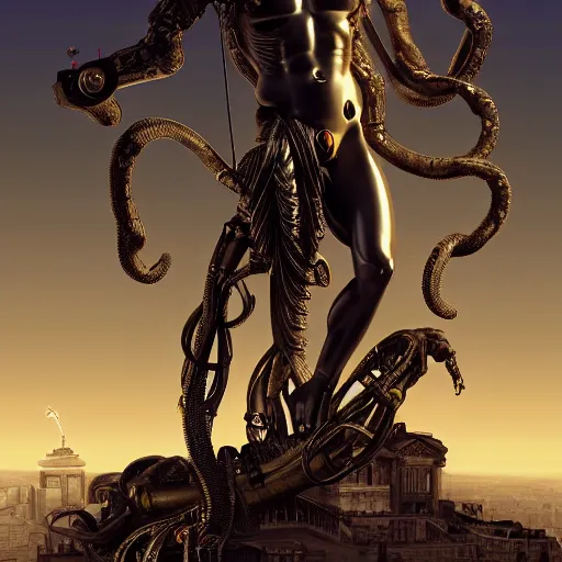 Prompt: beautiful painting of a cyborg ancient greek statue of Laocoon looming over a city in the style of Welder Wings and H. R. Giger. Dark background, detailed, trending on Artstation