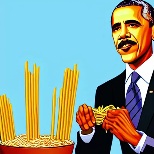 Image similar to Obama with a mustache eating pasta, vaporwave