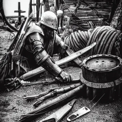 Image similar to wise angle photo of viking in armor working on the mechanical ancient device, tools and junk on the ground,wires and lights, old village in the distance, vintage old photo, black and white, sepia