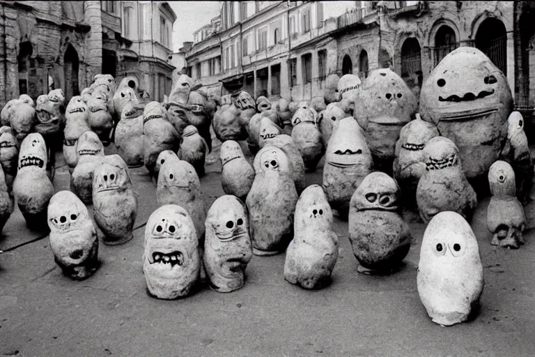 Prompt: colourful creepy umibozu monsters parading the streets of Rome, 1980 photograph, photo real