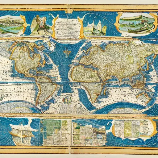 Image similar to 1 5 0 0 s cartographers map depicting two large islands, two medium sized islands, and one small island from a birdseye view with blue water inbetween