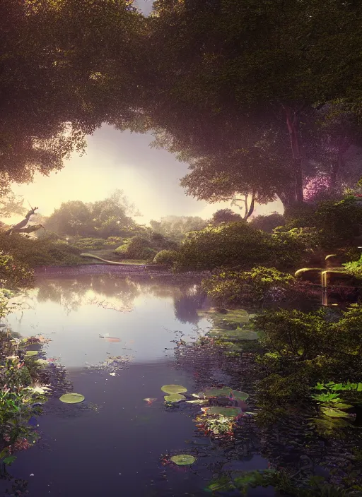 Prompt: photography of an ethereal pond with a central glare, mystical masterpiece, epic, cinematic, hyperealistic, high detailed, corona render, hdr, ray tracing