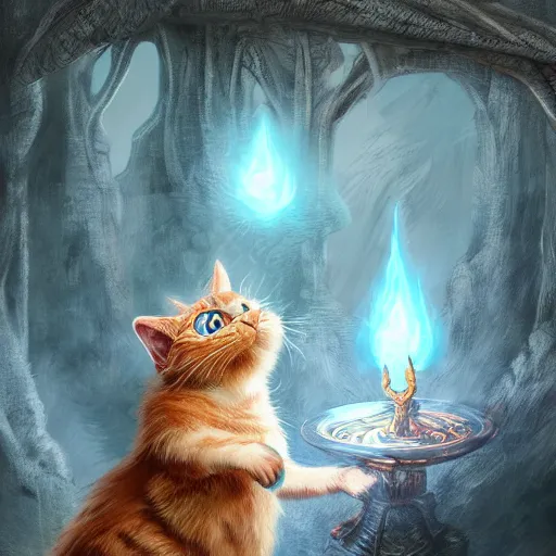 Image similar to fantasy cat casting a magic spell, high detail, fantasy art, concept art, 4 k, ultra detail, computer art