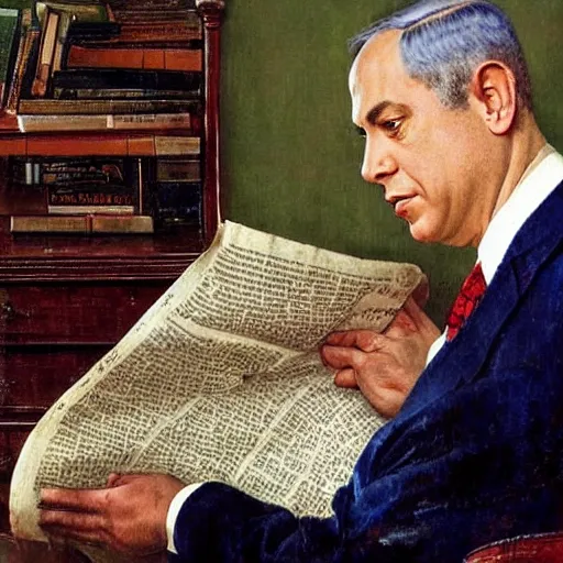 Image similar to portrait of benjamin netanyahu reading a newspaper, by norman rockwell