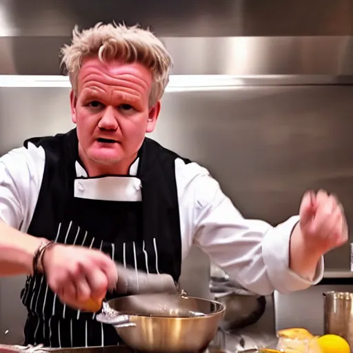 Image similar to hyper real Gordon Ramsey cooking a unicorn in kitchen 4k