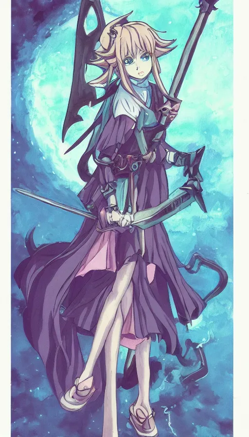 Image similar to a beautiful link drawing of the being death as a cute anime girl with a giant scythe from a studio ghibli film inspired by the death tarot card, dark vibes, pastel colors, cosmic, high quality