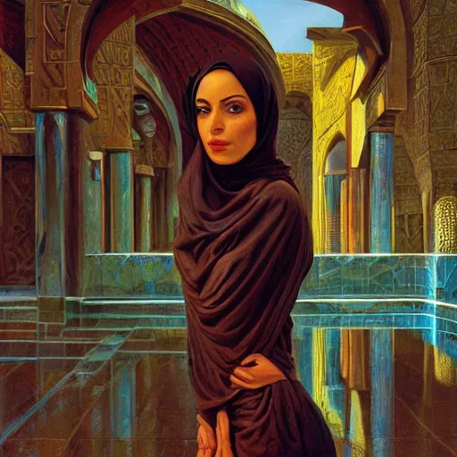 Image similar to detailed face of an arabic woman, opulent courtyard, moment, tectonic sky, skydome, reactor, utopian, tech noir, wet reflections, prism, atmospheric, ambient, pj crook, syd mead, livia prima, artgerm, greg rutkowski, nick alm, casey baugh