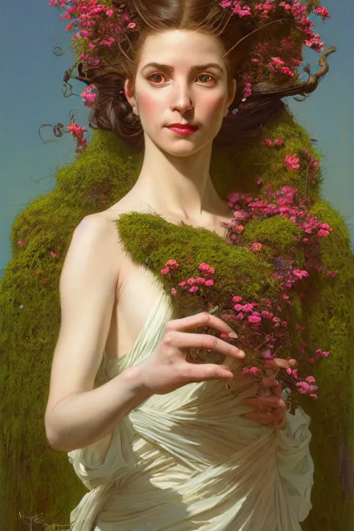 Prompt: sargent and leyendecker and greg hildebrandt highly detailed portrait of a woman with long hair, wearing a gown made of flowers and moss, stephen bliss, unreal engine, by greg rutkowski, loish, ferdinand knab, ilya kuvshinov, rossdraws, tom bagshaw, alphonse mucha, global illumination, radiant light, detailed and intricate environment