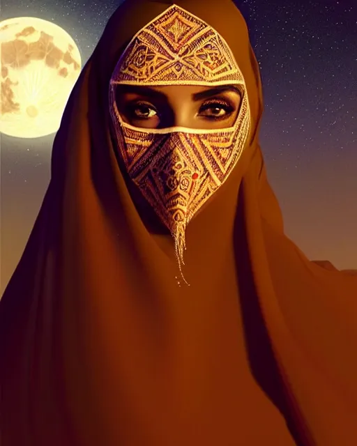 Image similar to Portrait of very very very very very very beautiful Arab woman wearing a Niqab, glowing magical eyes, energy trails, under giant full moon in the desert, intricate, elegant, highly detailed, digital painting, artstation, concept art, smooth, sharp focus, illustration, art by artgerm and greg rutkowski and alphonse mucha