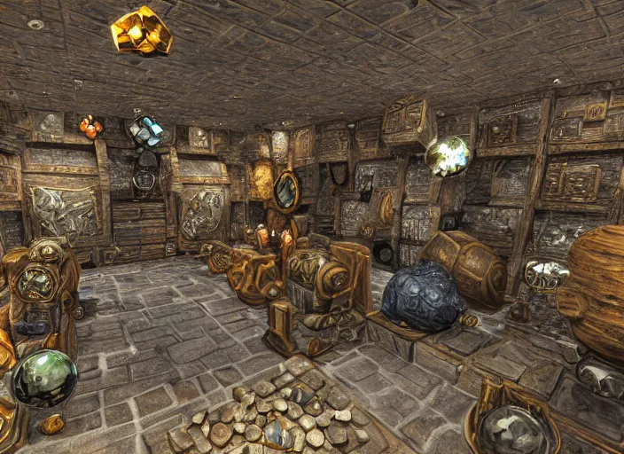 Image similar to a dwarven treasure room containing large multifaceted jewels, war hammers, and dwarven mining equipment