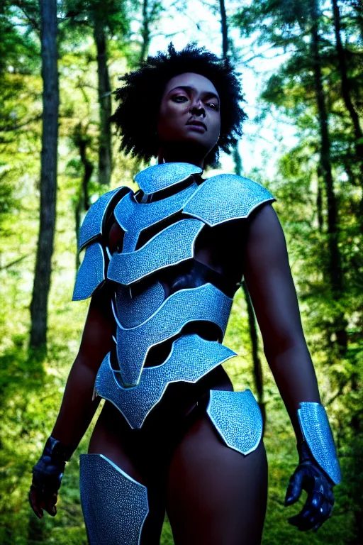 Prompt: hyperrealistic mithra gorgeous black woman intricate exoskeleton bone armor in a forest sun behind her concept art eric zener elson peter cinematic blue light low angle hd 8k sharp shallow depth of field