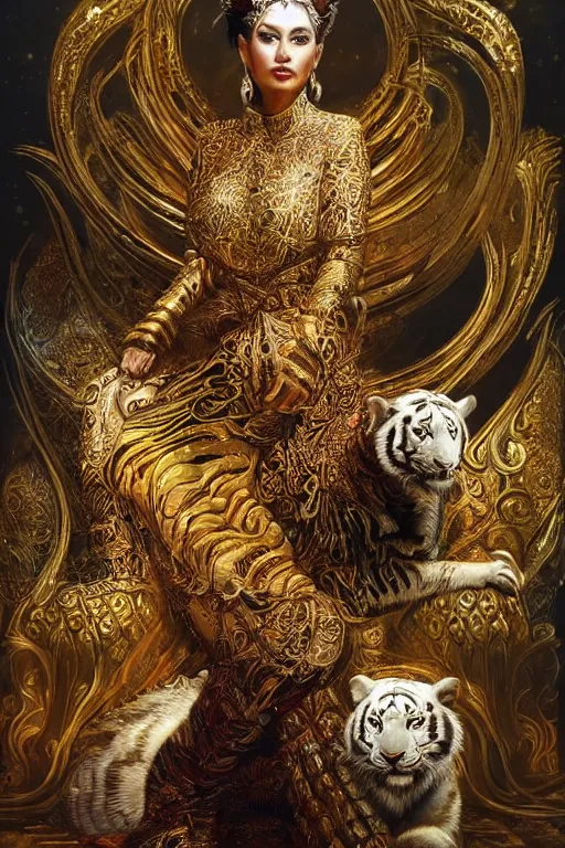 Image similar to a beautiful empress sitting on a golden throne ,white tiger guardian by her side, ultradetailed painting by Karol Bak, ornate, volumetric lighting.