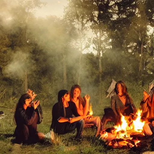 Prompt: nephilim and angels overwatching four women and 2 men around campfire, realistic