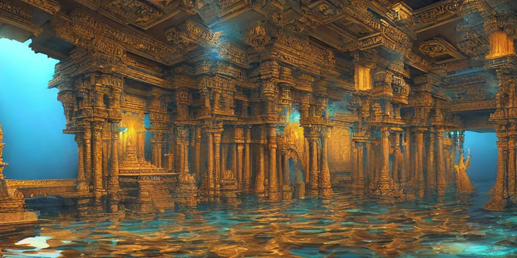 Prompt: Breath taking cinematic movie scene, in the style of Ridley Scott and James Cameron, hyper realistic, 200mm wide shot, hyper detailed, precise architectural rendering, interior of an underwater India temple in ancient Dwarka with giant blue glowing Krishna statue with ornate Indian temple architecture, multicoloured fish, god days, volumetric light, crowds of people, highly detailed architecture, crystalline, detailed illustration, sharp focus, concept art, unreal engine, octane render H 768