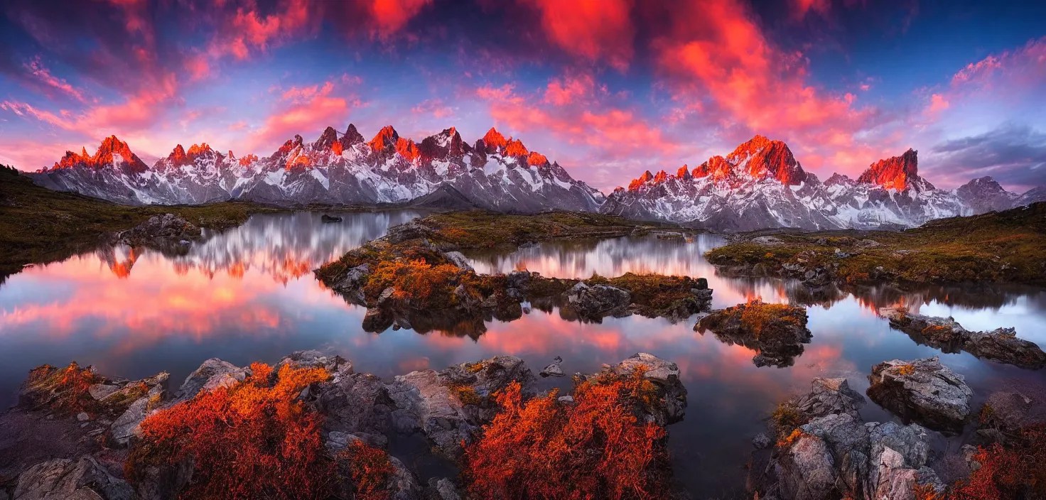 Image similar to amazing landscape photo of mountains with lake in sunset by marc adamus, beautiful dramatic lighting