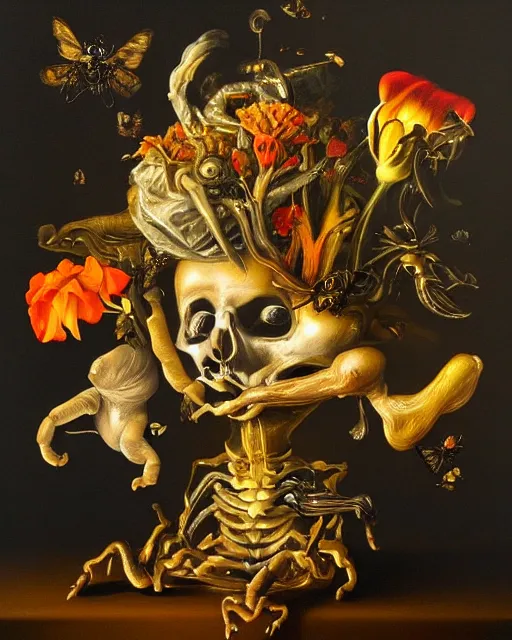 Prompt: refined gorgeous blended oil painting with black background by christian rex van minnen rachel ruysch dali todd schorr chiaroscuro portrait extremely bizarre disturbing mutated man beautiful suit made of still life flowers and rubber insects with shiny skin dutch golden age vanitas intense chiaroscuro cast shadows obscuring features dramatic lighting perfect symmetry perfect composition masterpiece