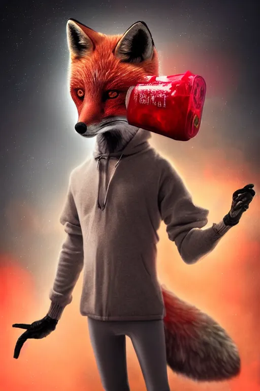 Image similar to a humanoid fox wearing scientist's clothes holding a red chemical, digital painting, masterpiece, digital art, high quality, highly detailed, concept art, trending on deviantart, high coherence, anatomically correct, five fingers, cinematic, high definition, path traced, laboratory background