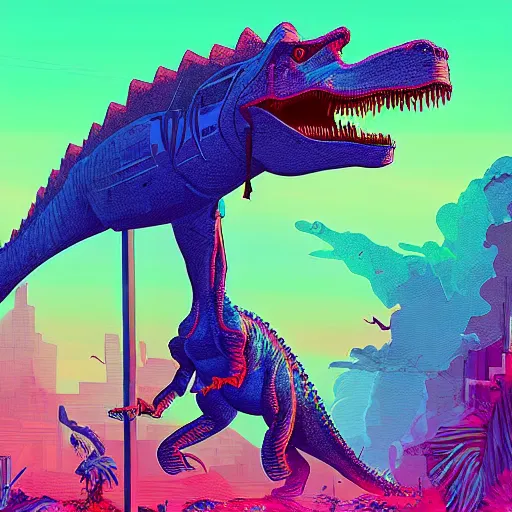 Prompt: a synthwave dinosaur by android jones