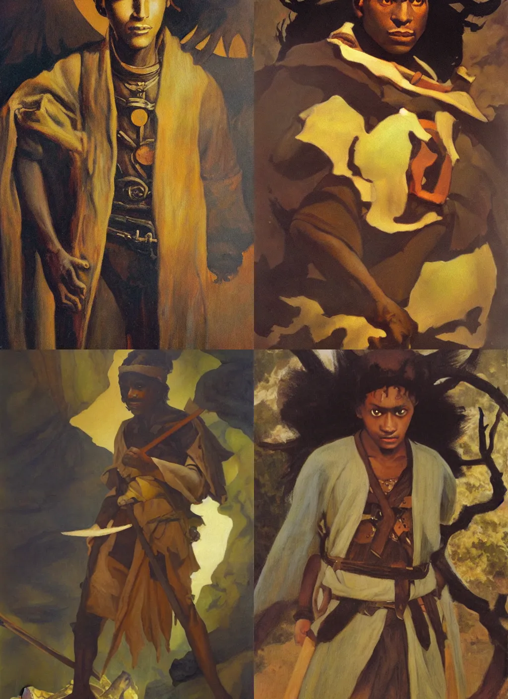 Prompt: Dark skinned young man with loose fantasy clothing, Fantasy painting, dungeons and dragons, oil on canvas by N.C Wyeth,