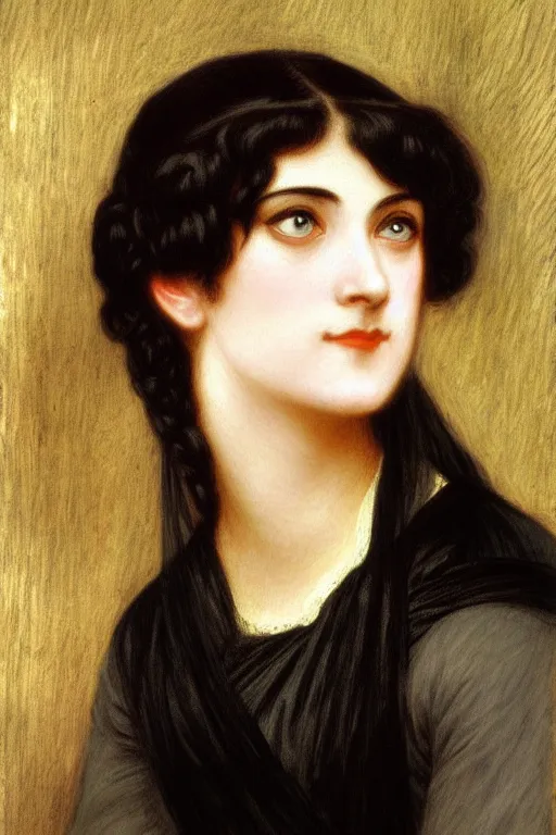 Image similar to jane austen black long hair, painting by rossetti bouguereau, detailed art, artstation