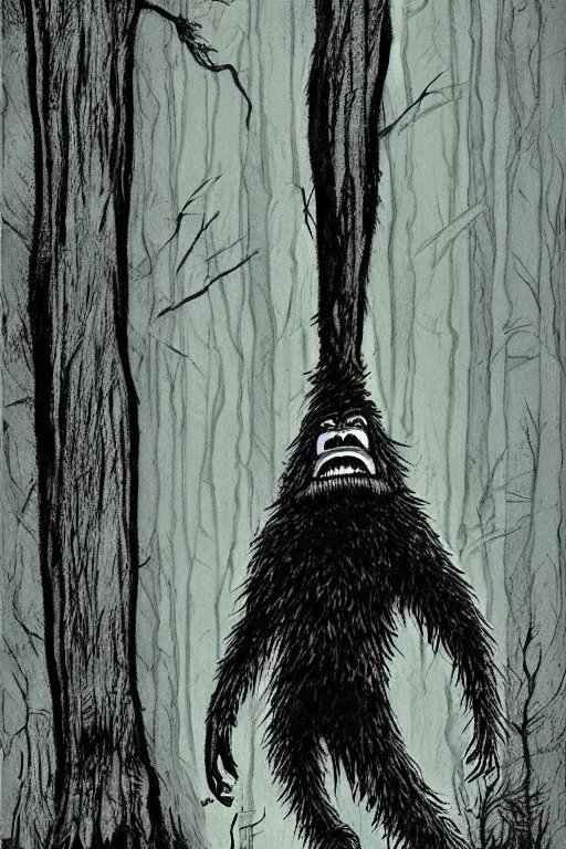 Image similar to mad bigfoot screaming in the woods artwork by ben templesmith