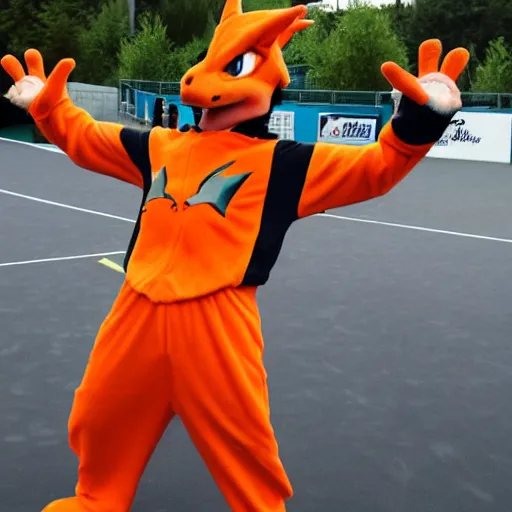 Image similar to rafael nadal posing wearing a charizard costume