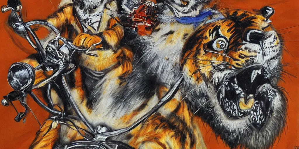 Image similar to tony the tiger riding a motorcycle, highly detailed fur, painted by salidor dali