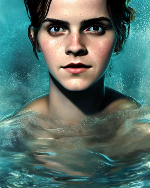 Image similar to underwater bioshock portrait of emma watson, au naturel, hyper detailed, digital art, trending in artstation, cinematic lighting, studio quality, smooth render, unreal engine 5 rendered, octane rendered, art style by klimt and nixeu and ian sprigger and wlop and krenz cushart.