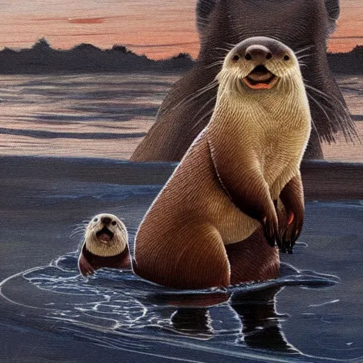 Image similar to otters holding hands into the sunset dream 8k award winning masterpiece