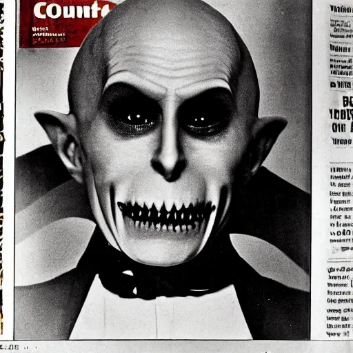 Image similar to count orlok glamour shot, mouth open slightly, front page of a popular magazine, professional photograph