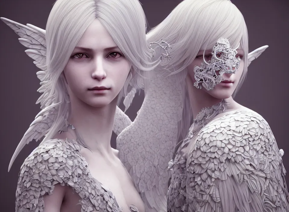 Prompt: symmetry!! cancer!!!! female portrait, beautiful, detailed white long hair, intricate armor and hidden face mask, wings, complex 3 d render by ilya kuvshinov, alphonse mucha, ryohei hase, dramatic lighting, intricate, highly detailed, final fantasy, sharp focus, luminous, unreal engine 5 highly rendered, blender, deviant