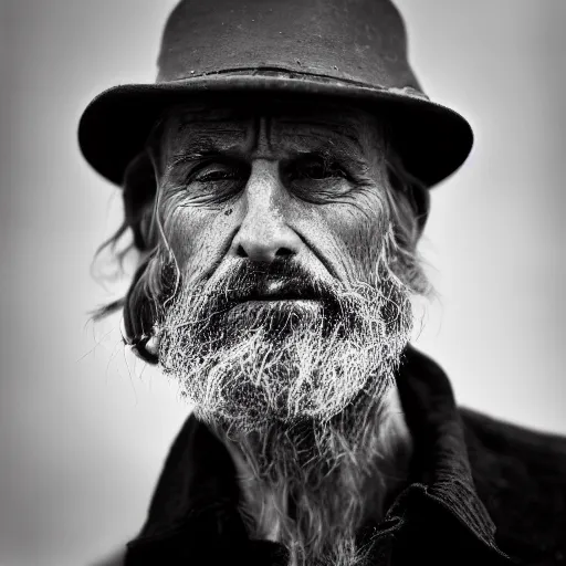 Image similar to A 4x5 portrait of a dishevelled man who has witnessed the worst in humanity, 200mm lens, bokeh, depth of field, black & white, grainy, rule of thirds