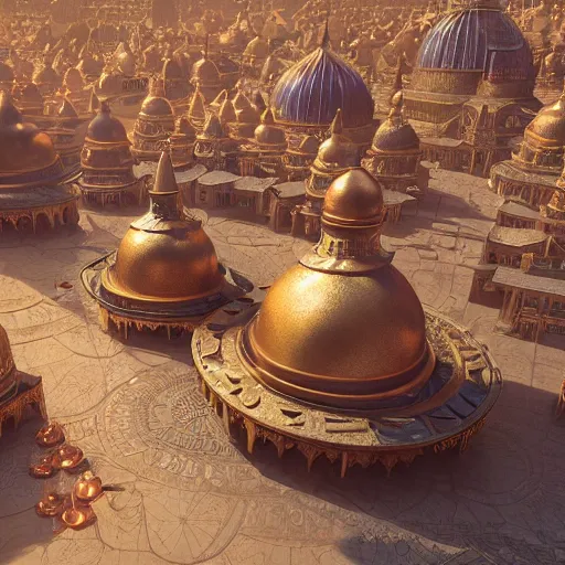 Prompt: orientalist medieval fantasy arab city with glittering copper domes and street paved with lapis and marble intricate artwork by Tooth Wu and wlop and beeple and Dan Mumford. Octane render, trending on artstation, greg rutkowski very coherent symmetrical artwork. Cinematic, hyper realism, high detail 8k