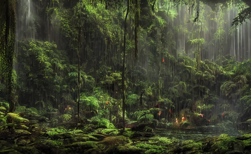 Image similar to a beautiful render of a dark prehistoric rainforest in a humongous cave, lush flora, patches of yellowish - red - magenta sky, sunset lighting, fireflies, floating mountains and a waterfall in the background, intricate detail, hazy, humid, volumetric lighting, god rays, 8 k, photorealistic, raytracing effects, unreal engine 5