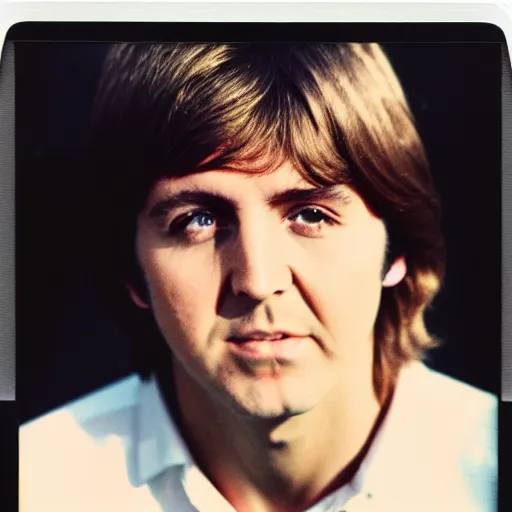 Image similar to Polaroid Portrait of a younger 1970s Paul McCartney, taken in the 1970s, photo taken on a 1970s polaroid camera, grainy, real life, hyperrealistic, ultra realistic, realistic, highly detailed, epic, HD quality, 8k resolution, body and headshot, film still, front facing, front view, headshot and bodyshot, detailed face, very detailed face, by Andy Warhol