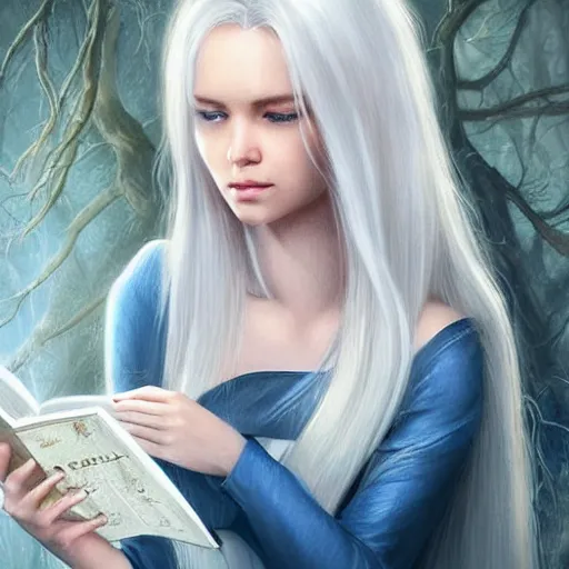 Image similar to a girl reading a book, hair flowing down, 8 k, hyperrealistic, hyperdetailed, white hair, blue eyes, fantasy portrait by laura sava