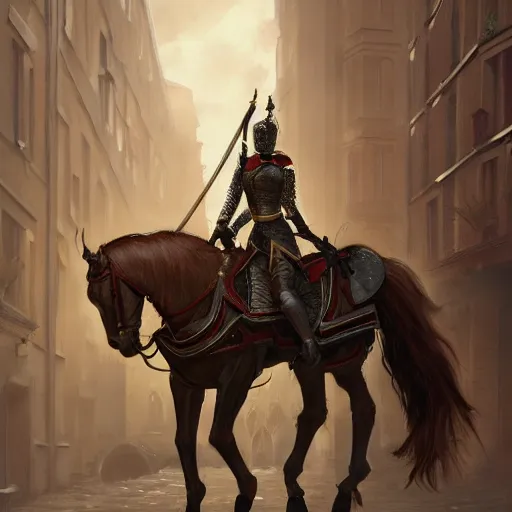 Image similar to painting of a female knight in london, full view, popular on artstation, artstationhd, artstationhq 8 k, volumetric lighting, super focused, no blur, trending on artstation, artstationhd, artstationhq, ultra detailed, by artgerm and james gurney, greg rutkowski,