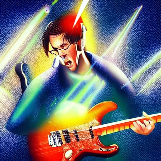 Prompt: a Alanis MOrisette guitarist playing so intensely there is electricity shooting out from his guitar, energy beams under his finger tips, and magic sparkles from the freboard, amazing ditial art, trending on artstation, featured on deviantart